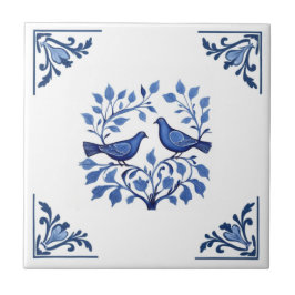 Azulejo De Cerâmica Pigeon Dove Bird Casal Blue White Delft Cantos