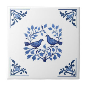 Azulejo De Cerâmica Pigeon Dove Bird Casal Blue White Delft Cantos