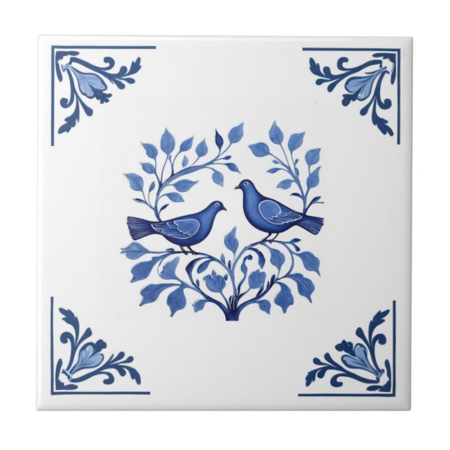 Azulejo De Cerâmica Pigeon Dove Bird Casal Blue White Delft Cantos (Frente)