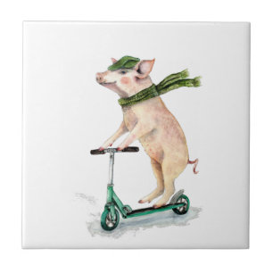 Azulejo De Cerâmica Piggy em um patinete