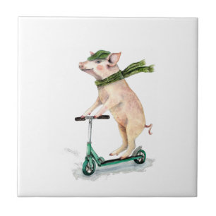 Azulejo De Cerâmica Piggy em um patinete