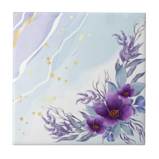 Azulejo De Cerâmica Pilar Floral Púrpura de Aquarela Elegante