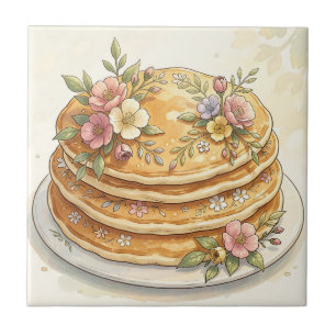 Azulejo De Cerâmica Pilha de Panquecas Florais Aquarela