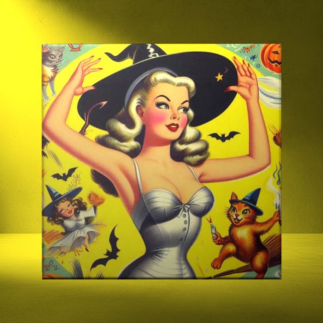 Azulejo De Cerâmica Pin-up da Bruxa do Halloween Retro (Criador carregado)