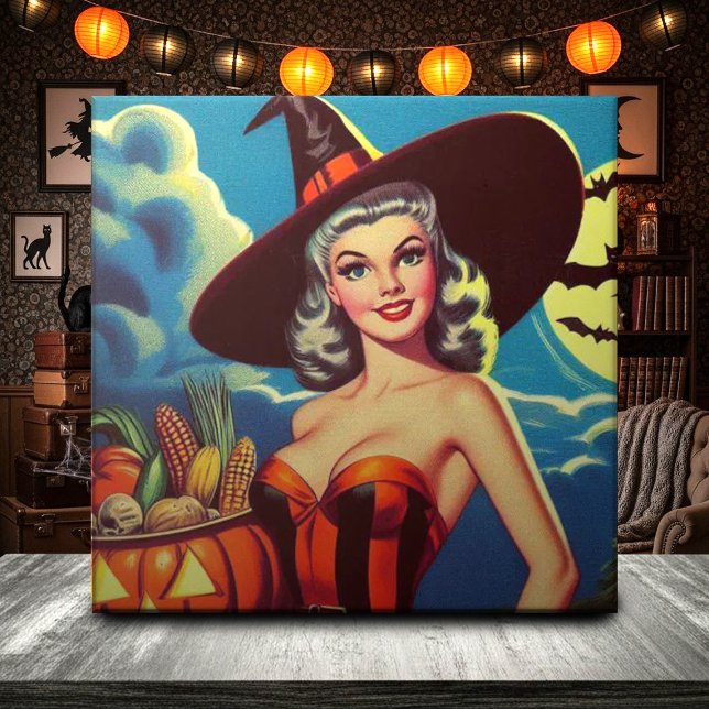 Azulejo De Cerâmica Pin-up da Bruxa do Retrô halloween (Criador carregado)
