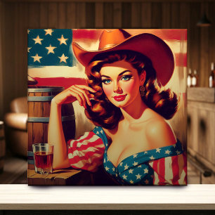 Azulejo De Cerâmica Pin-up da Cowgirl Americana Retrô