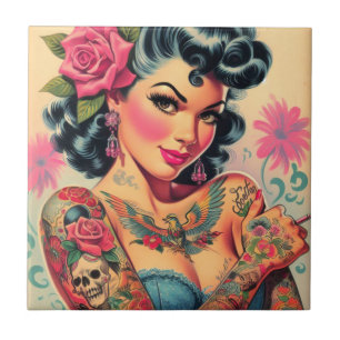 Azulejo De Cerâmica Pin-up de Cuta Retro Tatuado