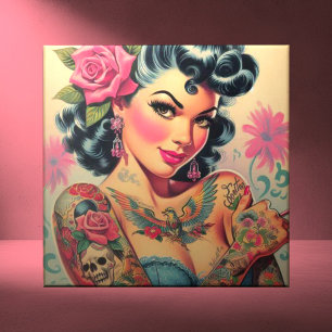 Azulejo De Cerâmica Pin-up de Cuta Retro Tatuado