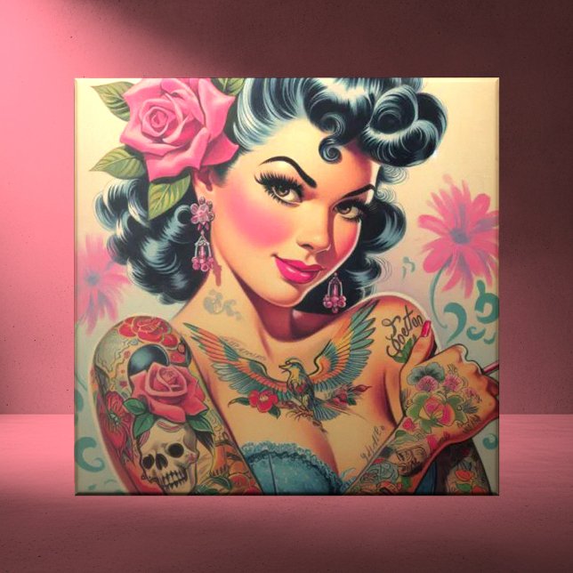 Azulejo De Cerâmica Pin-up de Cuta Retro Tatuado (Criador carregado)