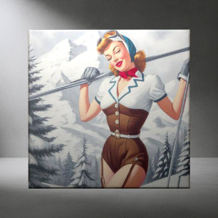 Azulejo De Cerâmica Pin-up de Esqui Vintage Winter