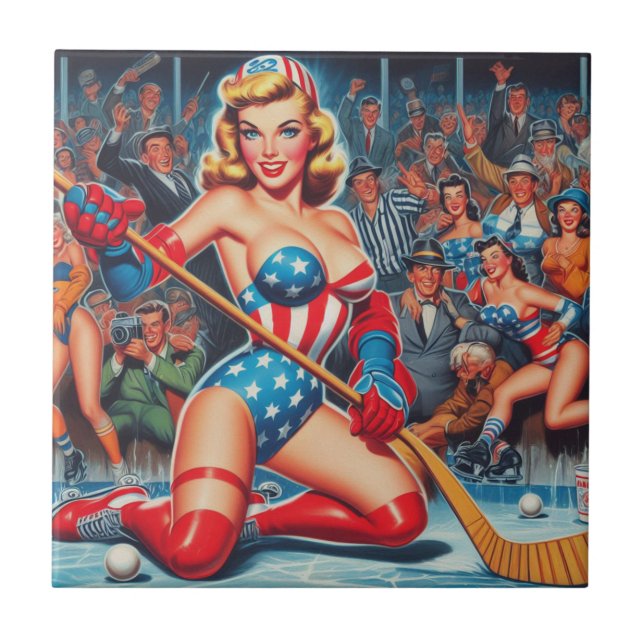 Azulejo De Cerâmica Pin-up de Hóquei Retro (Frente)