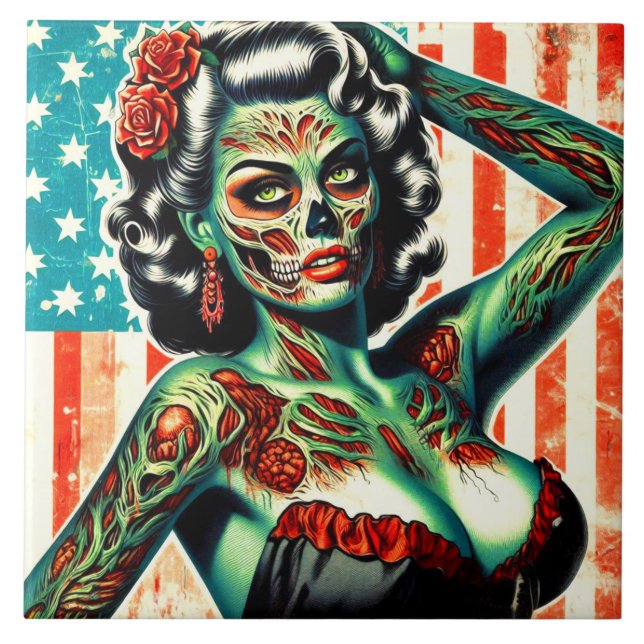 Azulejo De Cerâmica Pin-up de Zombie Americano (Frente)