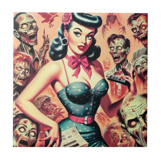 Azulejo De Cerâmica Pin-up de Zombies Retro (Frente)
