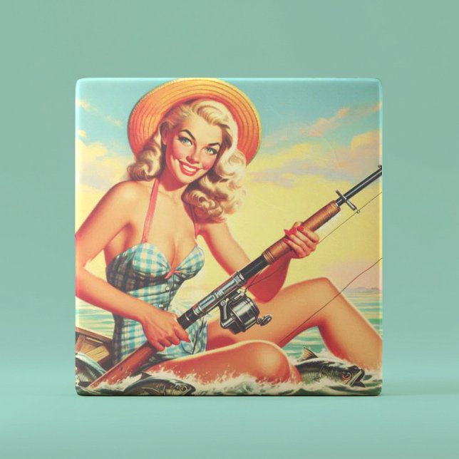 Azulejo De Cerâmica Pin-up Pesca da Vintage (Criador carregado)