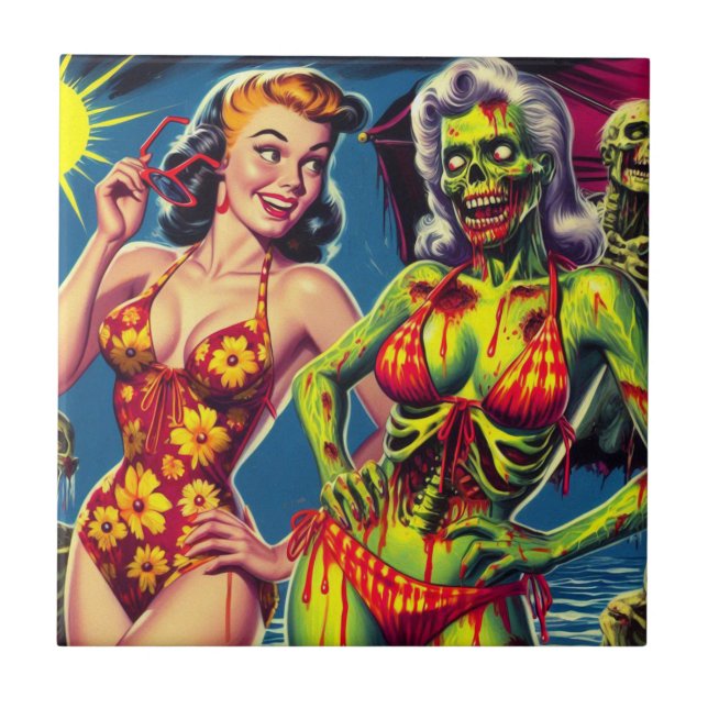 Azulejo De Cerâmica Pin-up Zombie Retro (Frente)