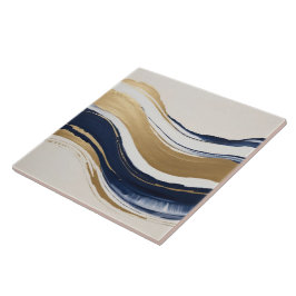 Azulejo De Cerâmica pincéis de abstrato de cor azul-dourada e bege