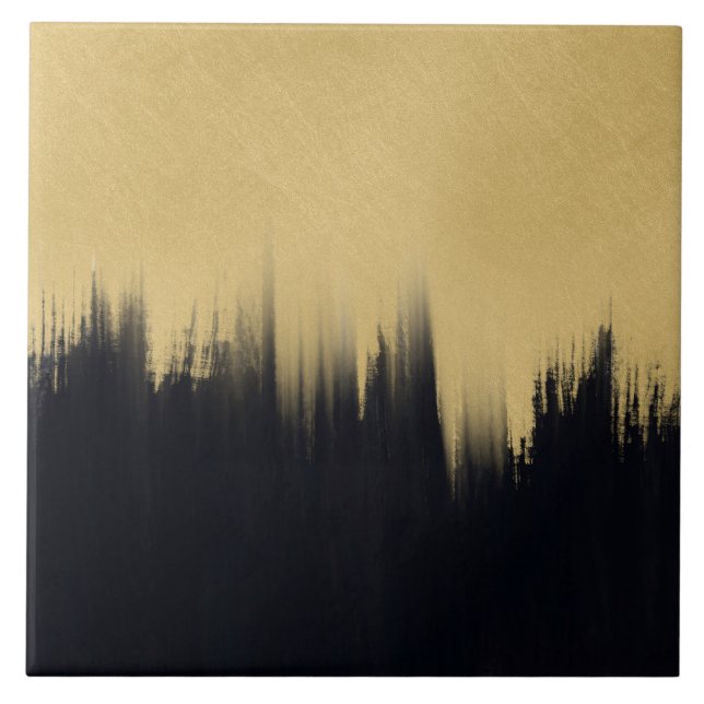 Azulejo De Cerâmica Pincel moderno trava Design preto Dourado (Frente)