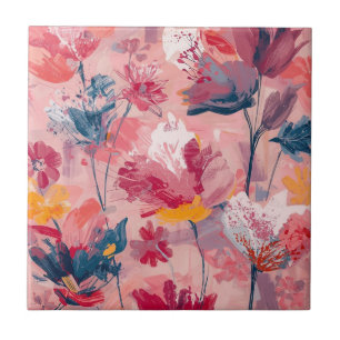 Azulejo De Cerâmica Pinceladas Pintadas de Flores Cor-de-Rosa Padrão B