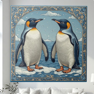 Azulejo De Cerâmica Pinguim Casal Art Deco Ice Birds Oceano Azul Neve
