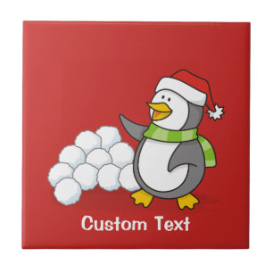 Azulejo De Cerâmica Pinguim de Natal com bolas de neve balançando