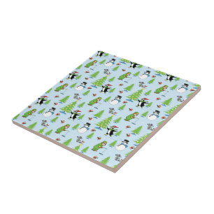 Azulejo De Cerâmica Pinguim de Natal patinando no gelo e pescador de u