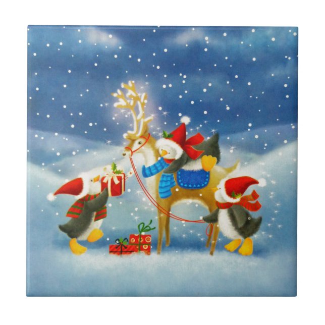 Azulejo De Cerâmica Pinguim e Reindeer (Frente)