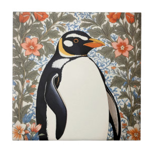 Azulejo De Cerâmica Pinguim Fofo em Fundo Floral Elegante Colorido