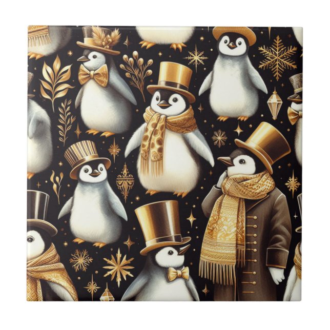 Azulejo De Cerâmica Pinguim preto e Ouro (Frente)