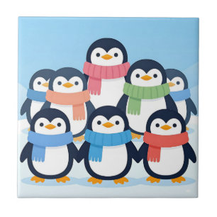 Azulejo De Cerâmica Pinguins Fofos Cachecol de Inverno Abraço em Grupo