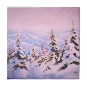 Azulejo De Cerâmica Pinhos cobertos de neve e montanhas do inverno