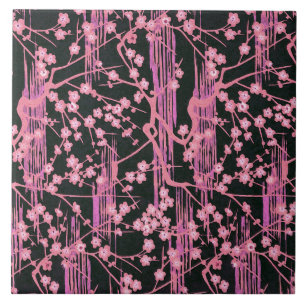 Azulejo De Cerâmica PINK BLACK SAKURA FLOWERS Japonês Padrão Floral