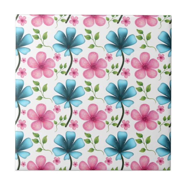 Azulejo De Cerâmica Pink & Blue Floral Seamless Pattern (Frente)