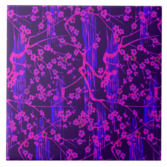 Azulejo De Cerâmica PINK BLUE SAKURA FLOWERS Japonês Padrão Floral (Frente)