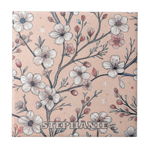Azulejo De Cerâmica Pink Cherry Blossom Sakura Padrão a Rosa (1)