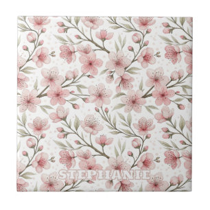 Azulejo De Cerâmica Pink Cherry Blossom Sakura Padrão em Branco (5)