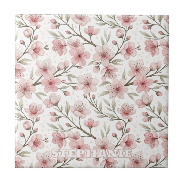 Azulejo De Cerâmica Pink Cherry Blossom Sakura Padrão em Branco (5) (Frente)