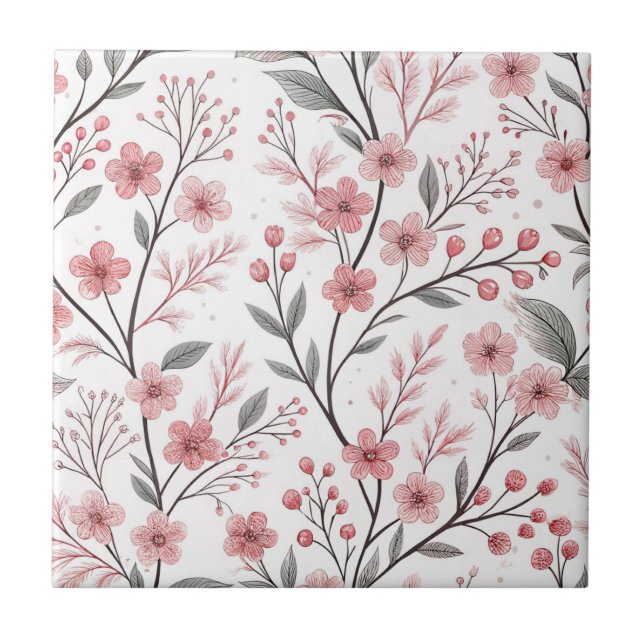 Azulejo De Cerâmica Pink Cherry Blossom Sakura Pattern on White (1) (Frente)
