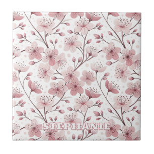 Azulejo De Cerâmica Pink Cherry Blossom Sakura Pattern on White (2)
