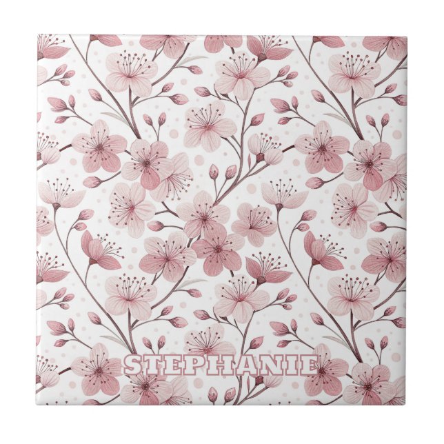 Azulejo De Cerâmica Pink Cherry Blossom Sakura Pattern on White (2) (Frente)