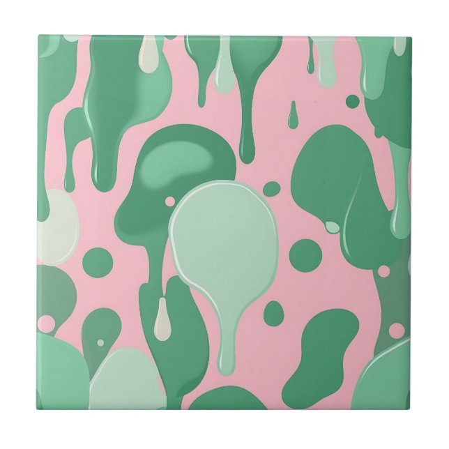 Azulejo De Cerâmica Pink Mint Green Melting Drip Pattern Abstract  (Frente)