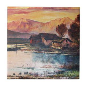 AZULEJO DE CERÂMICA PINK MONTANHAS LAKE ALPINE SUNSET LANDSCAPE