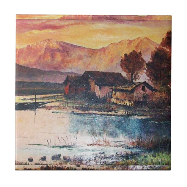 AZULEJO DE CERÂMICA  PINK MONTANHAS LAKE ALPINE SUNSET LANDSCAPE (Frente)