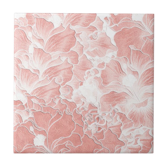 Azulejo De Cerâmica Pink, Peach, and White Floral Pattern Tile (Frente)