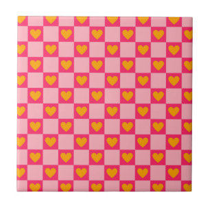 Azulejo De Cerâmica Pink Red Yellow Heart Love Checkered Y2K Padrão