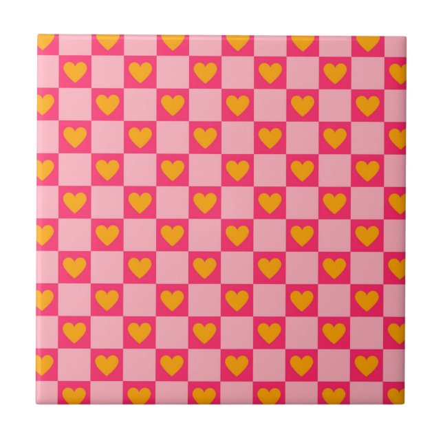 Azulejo De Cerâmica Pink Red Yellow Heart Love Checkered Y2K Padrão (Frente)