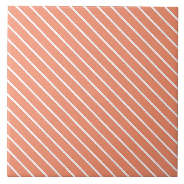 Azulejo De Cerâmica Pinstripes diagonais - laranja e branco de coral (Frente)