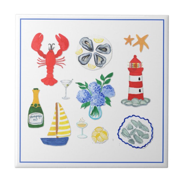 Azulejo De Cerâmica Pintado à Mão com Tema Nantucket (Frente)