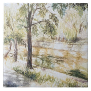 Azulejo De Cerâmica Pintado mão, aquarela de verão, rio de árvores ver