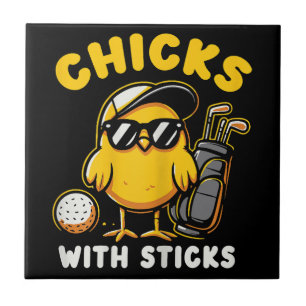 Azulejo De Cerâmica Pintinhos Com Sticks Golfer Girl Gol