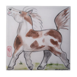Azulejo De Cerâmica Pinto Paint Pony Brown Hormona Branca Arte Animal